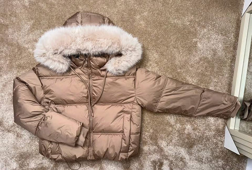 Bronze faux fur hood puffer jacket laid flat